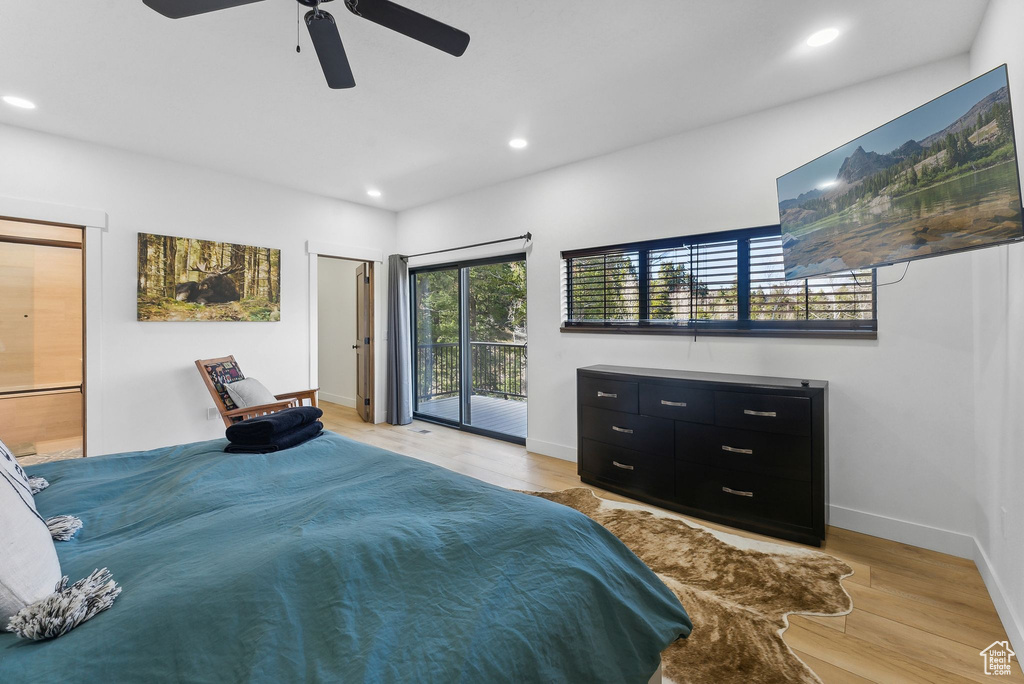 Bedroom featuring ceiling fan, light hardwood / wood-style flooring, and access to exterior