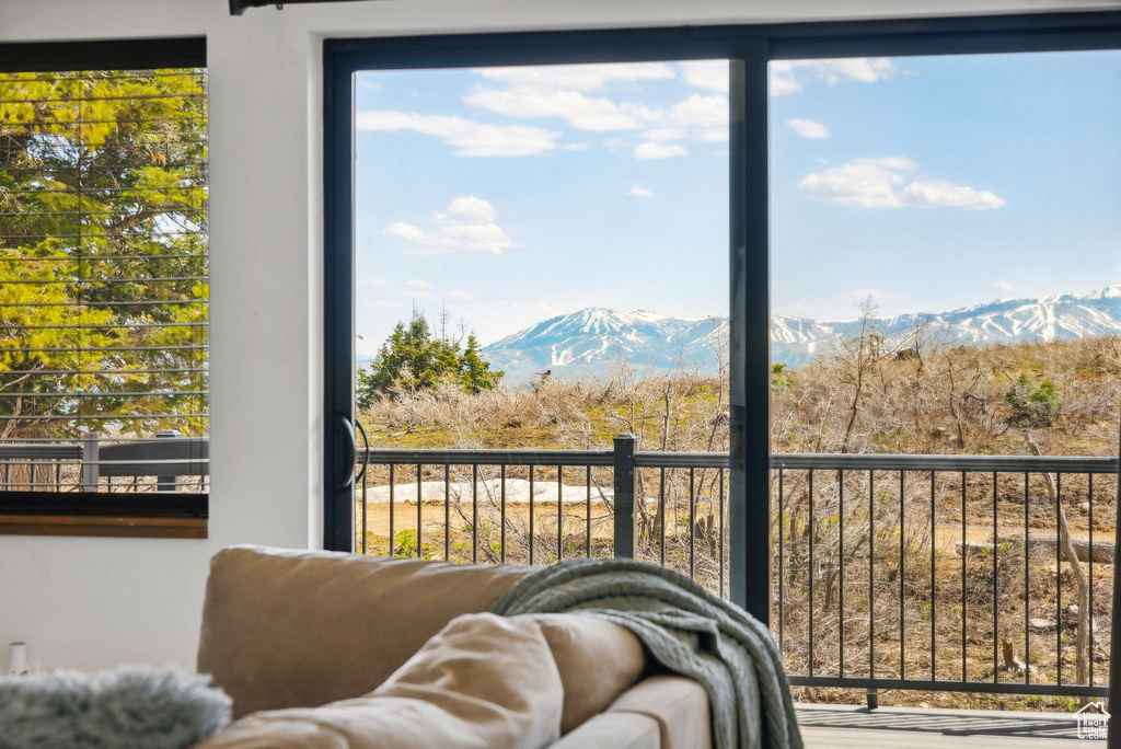 Interior space featuring a mountain view