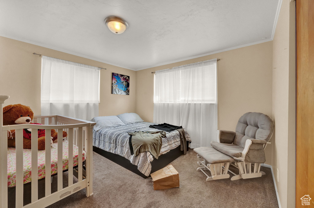 Bedroom featuring ornamental molding and carpet