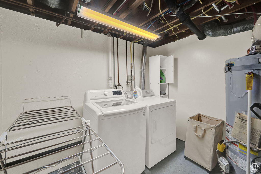 Laundry room featuring washer and clothes dryer and water heater