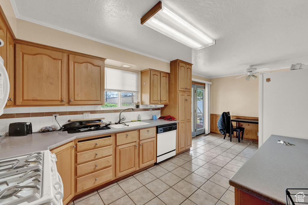 Kitchen featuring ceiling fan, light tile flooring, a wealth of natural light, and white dishwasher