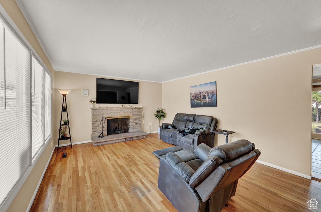 Living room with a stone fireplace, crown molding, and wood-type flooring