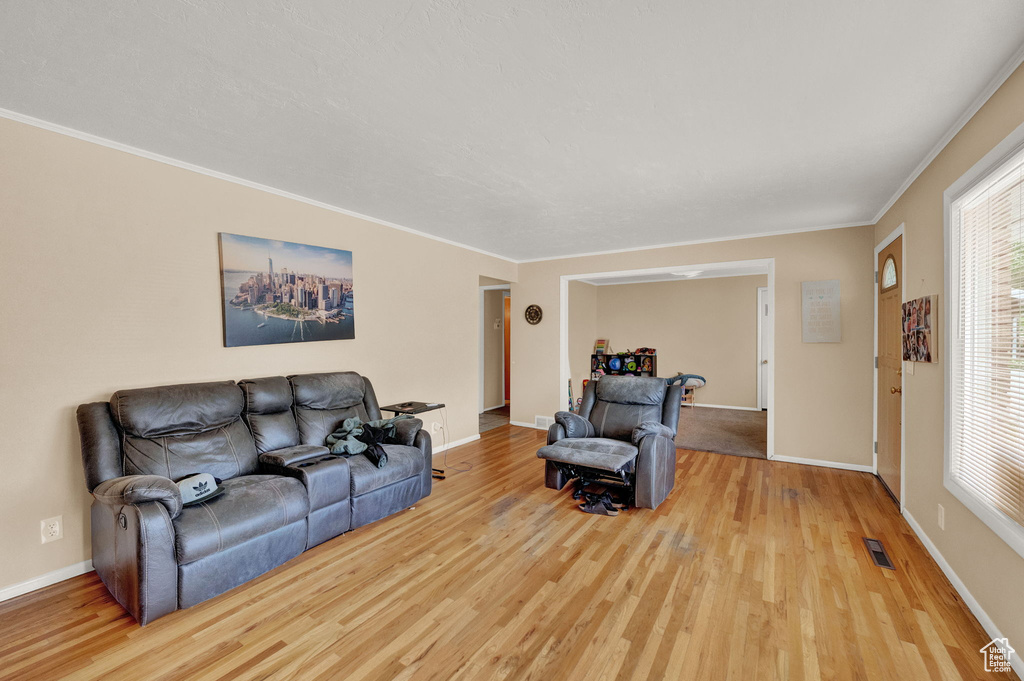 Living room featuring ornamental molding and light hardwood / wood-style flooring