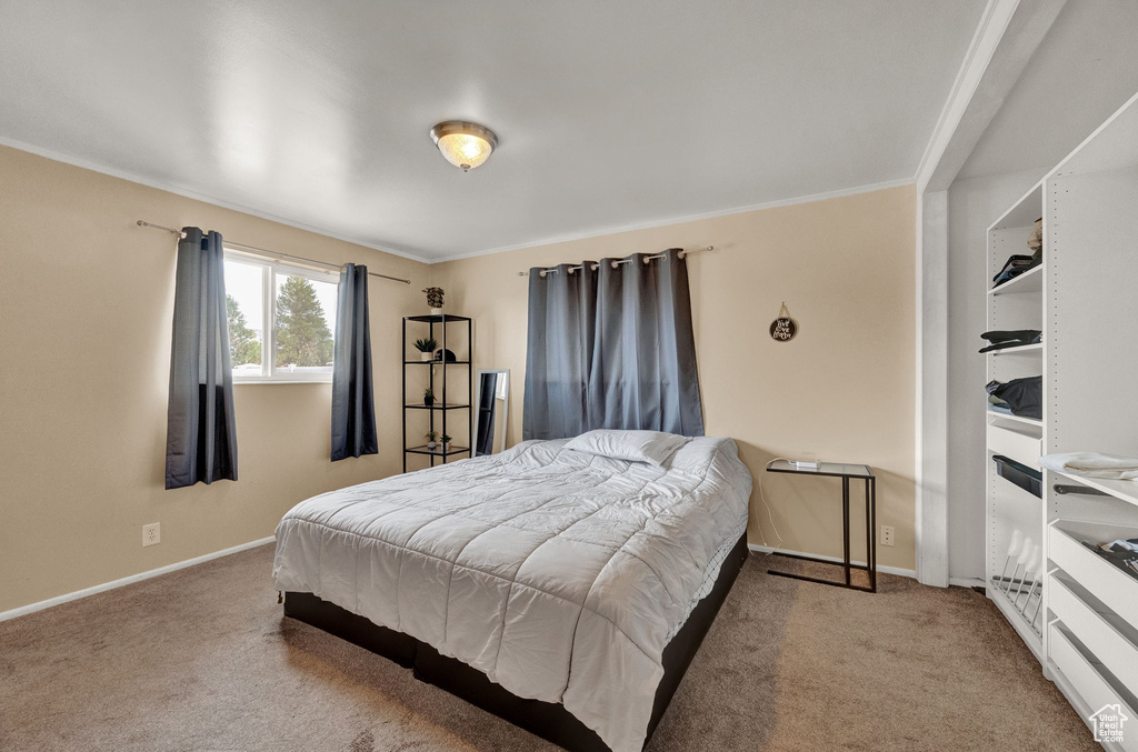 Bedroom with ornamental molding and carpet floors