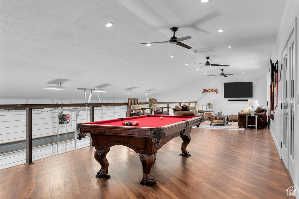 Playroom with ceiling fan, pool table, and wood-type flooring