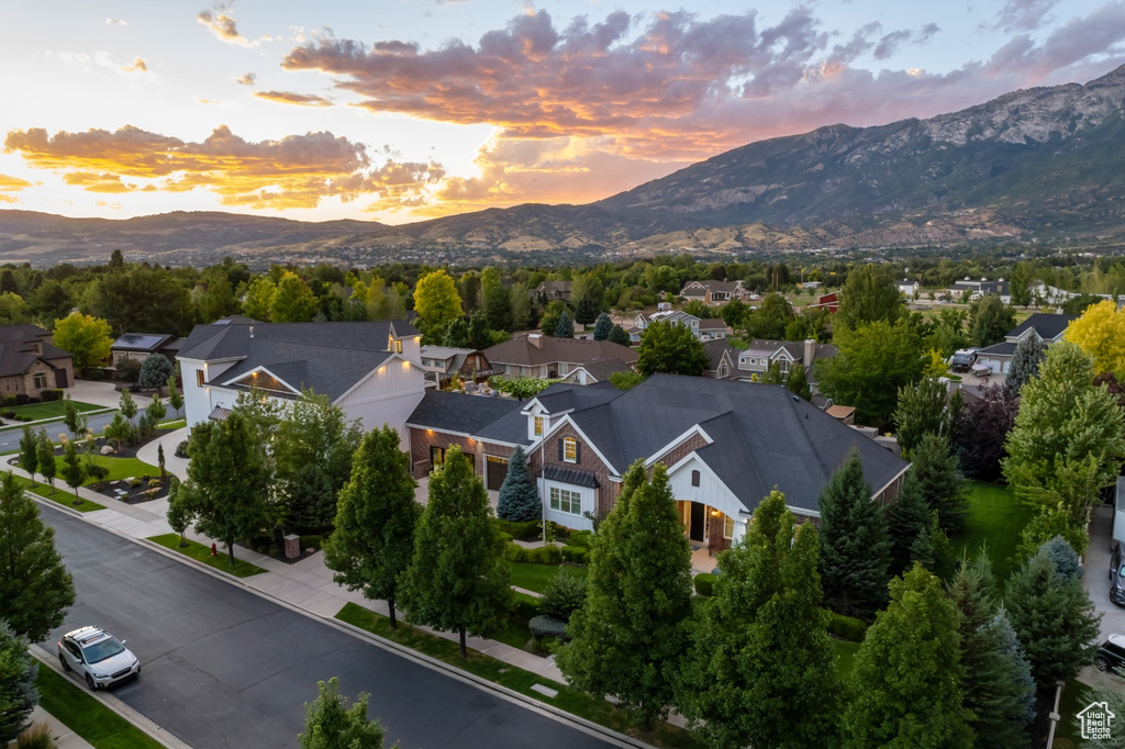 Aerial view at dusk with a mountain view