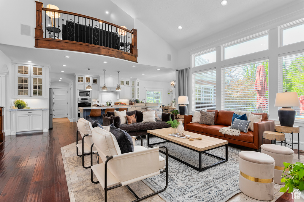 Living room featuring high vaulted ceiling, sink, and hardwood / wood-style floors