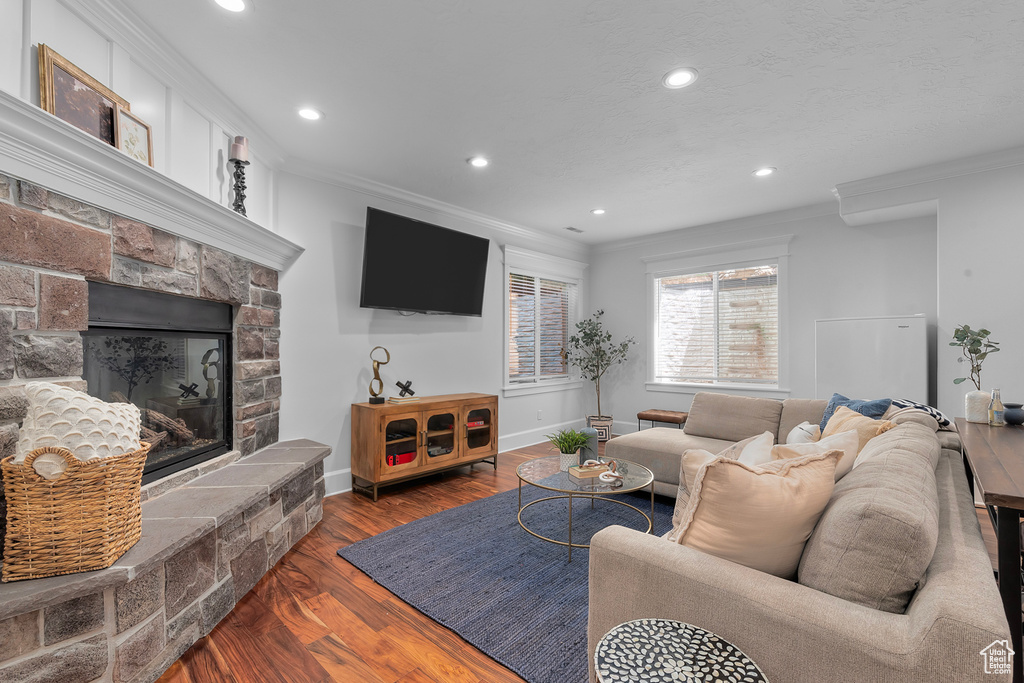 Living room with a stone fireplace, crown molding, and dark hardwood / wood-style flooring