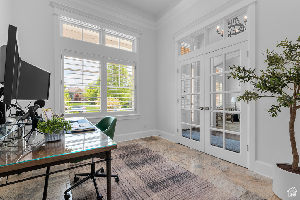 Tiled home office with ornamental molding and french doors