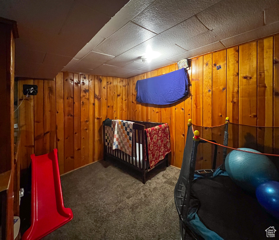 Carpeted bedroom with wood walls