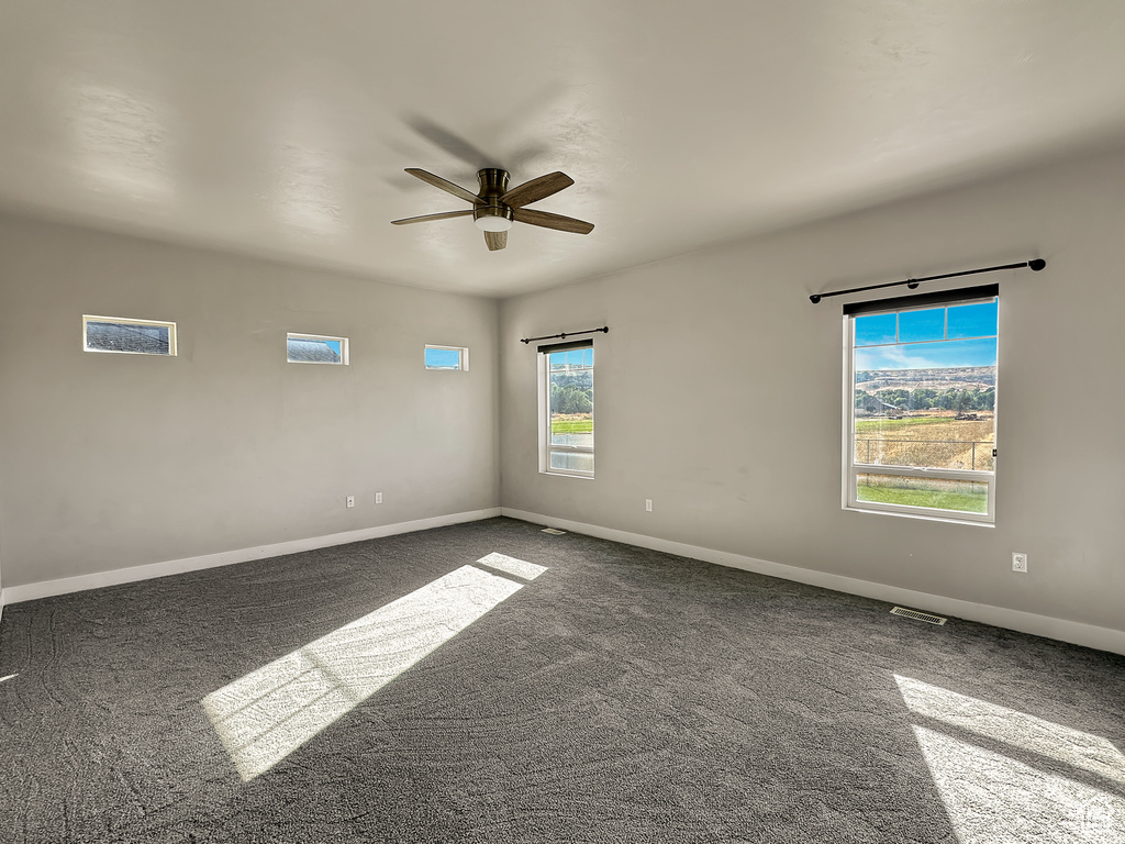 Carpeted spare room featuring a wealth of natural light and ceiling fan