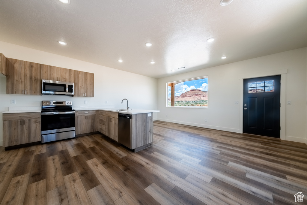 Kitchen featuring kitchen peninsula, stainless steel appliances, sink, and dark hardwood / wood-style floors