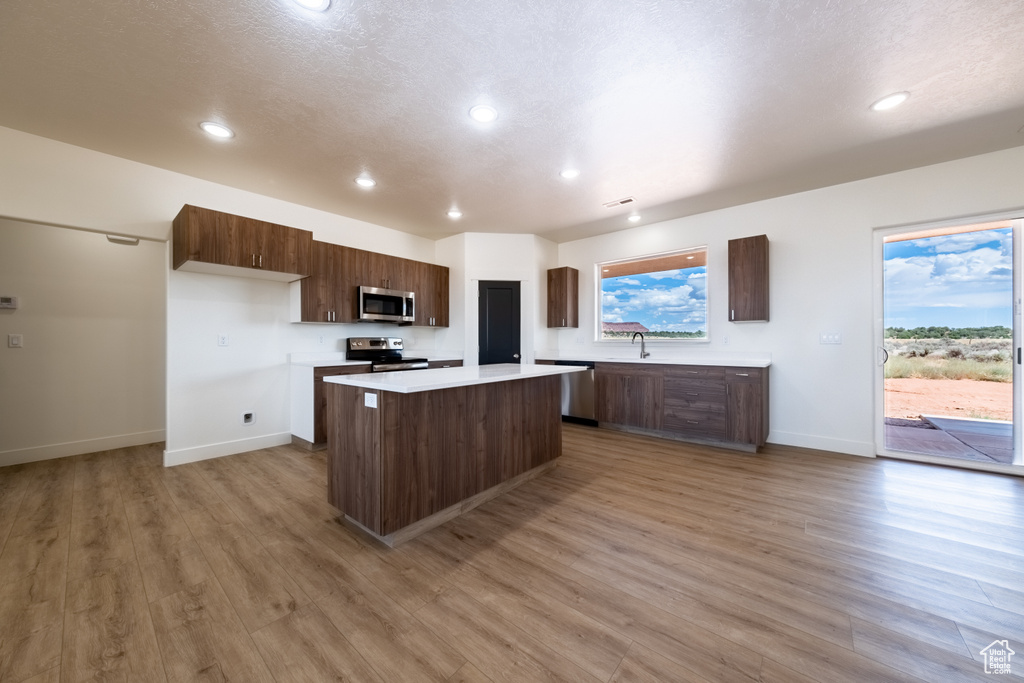 Kitchen featuring light wood-type flooring, a kitchen island, stainless steel appliances, and sink