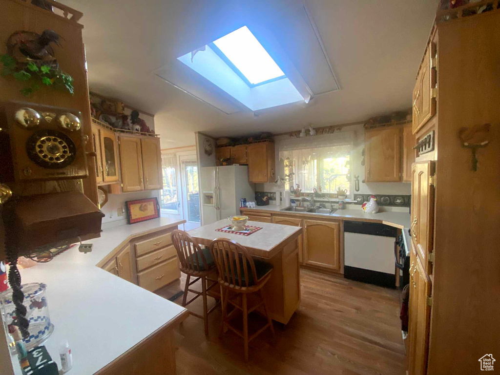 Kitchen with white appliances, sink, hardwood / wood-style floors, and a wealth of natural light