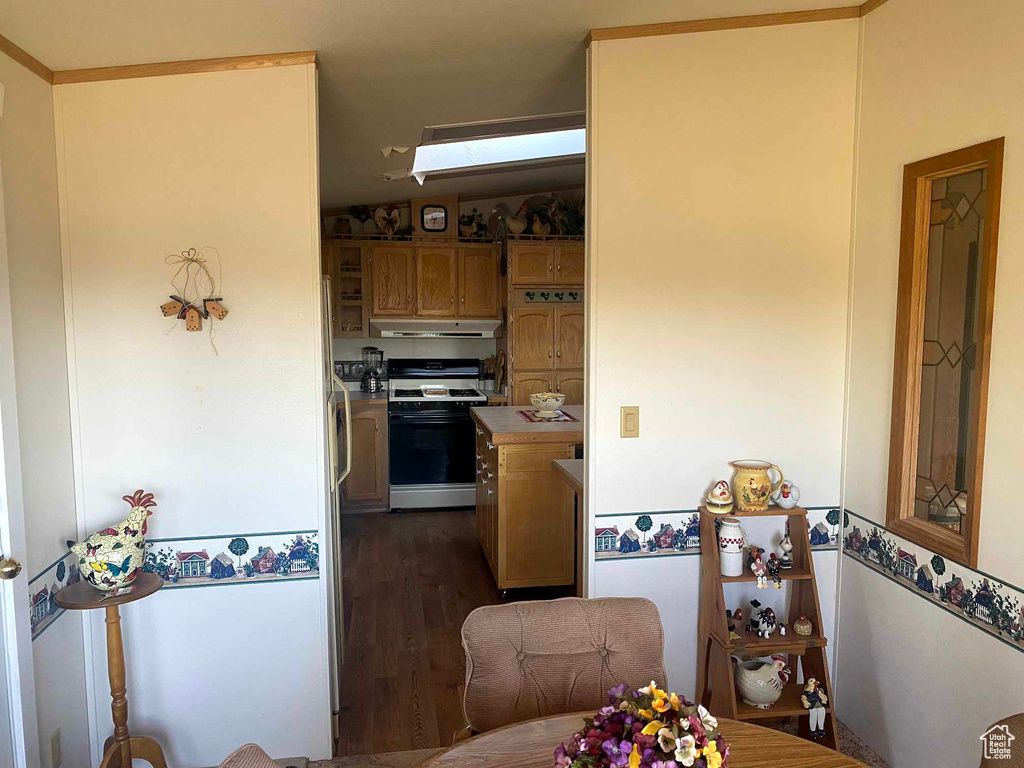 Kitchen with vaulted ceiling with skylight, white range with gas stovetop, and dark hardwood / wood-style floors