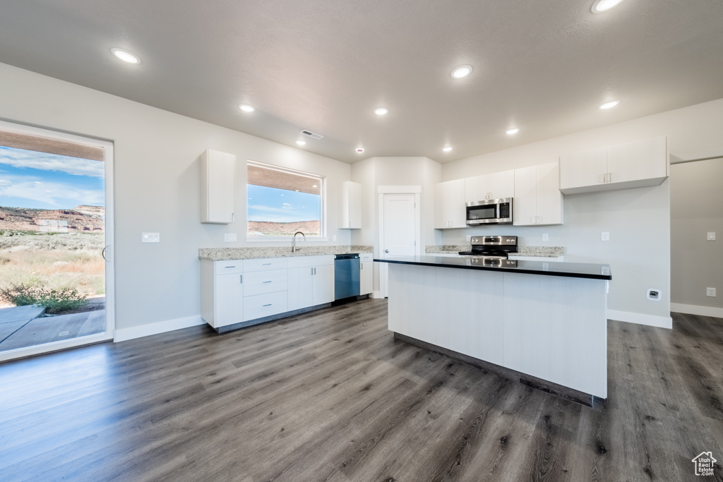 Kitchen featuring dark hardwood / wood-style flooring, white cabinets, sink, and stainless steel appliances