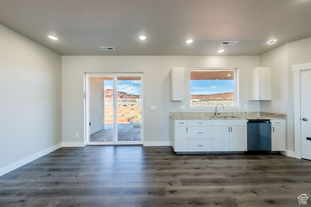 Kitchen with dark hardwood / wood-style flooring, a wealth of natural light, white cabinetry, and stainless steel dishwasher