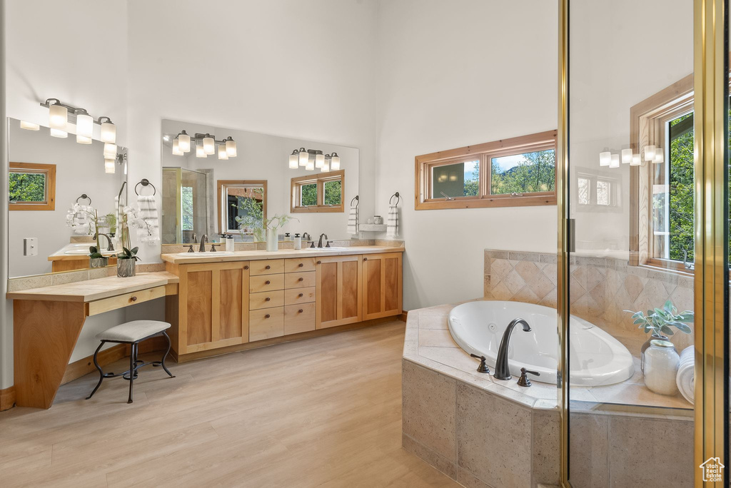 Bathroom with plenty of natural light, oversized vanity, and wood-type flooring