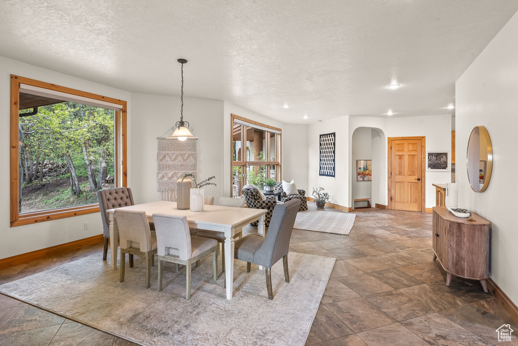 Tiled dining room with a fireplace, a healthy amount of sunlight, and a textured ceiling