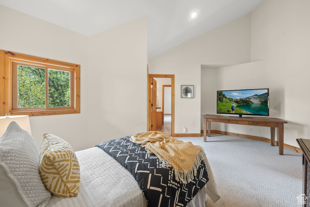 Carpeted bedroom featuring high vaulted ceiling