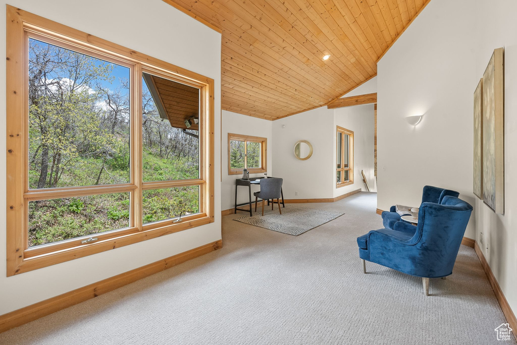 Sitting room with wooden ceiling, carpet, and lofted ceiling