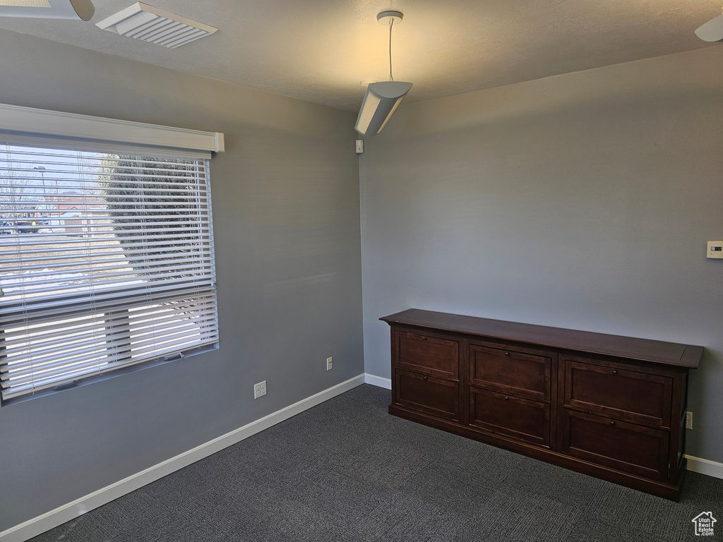 Spare room featuring dark carpet