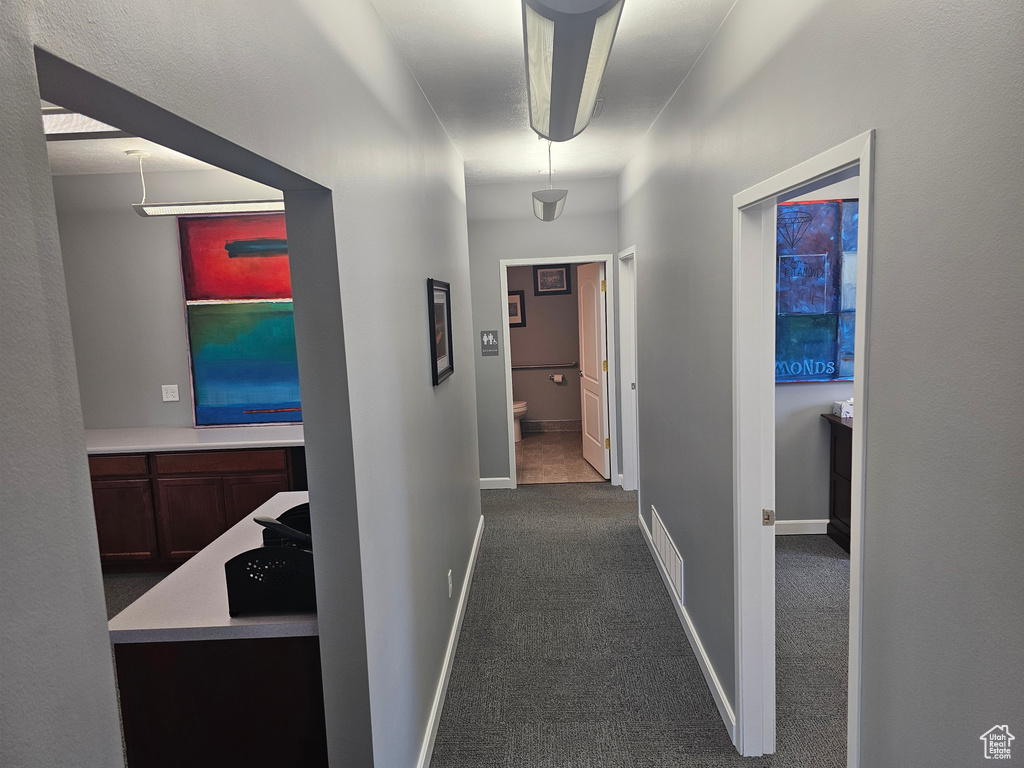 Corridor with dark colored carpet