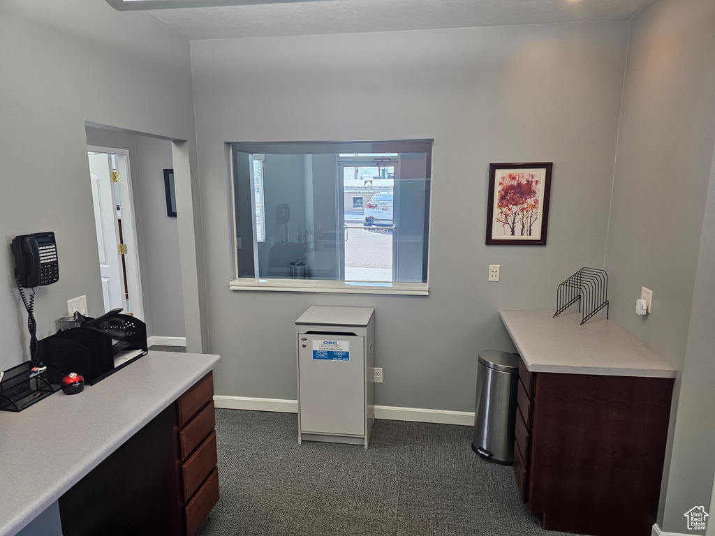 Office with dark colored carpet