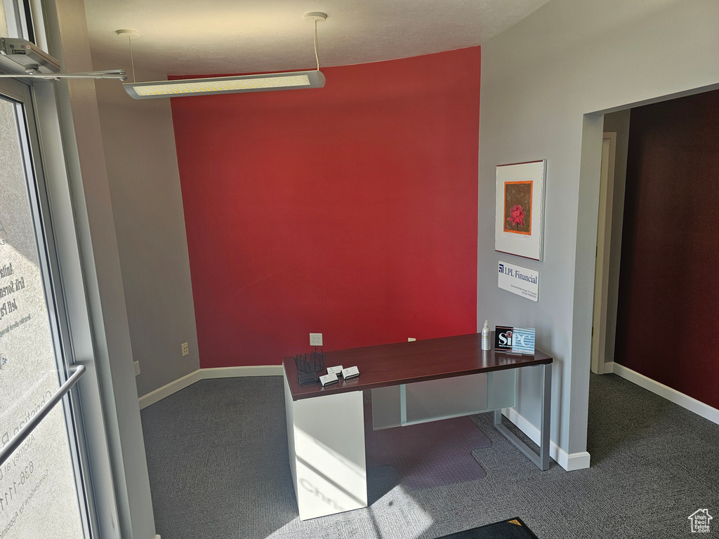 Unfurnished office with dark colored carpet