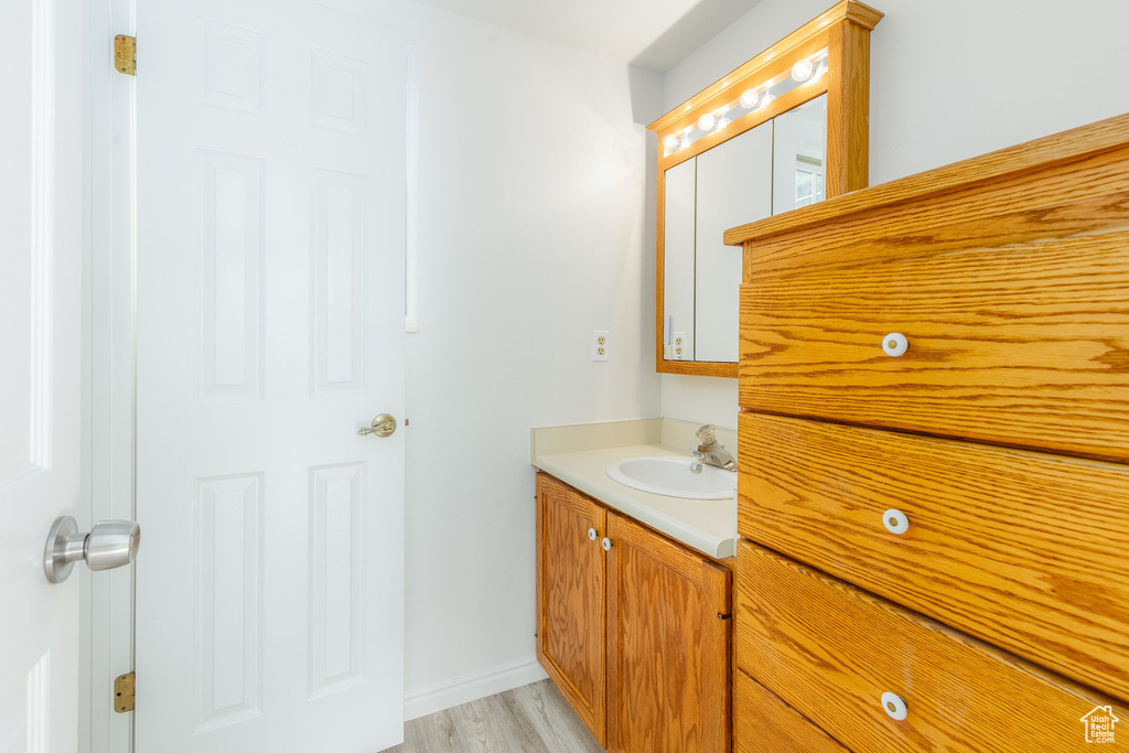 Bathroom with vanity with extensive cabinet space and hardwood / wood-style floors