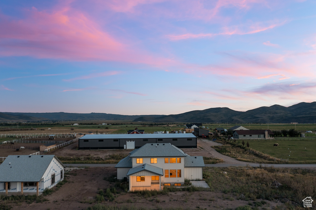 Aerial view at dusk with a mountain view