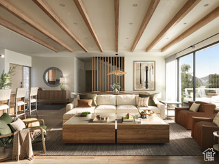 Living room with wood-type flooring and beam ceiling