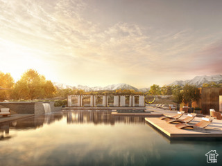 Pool at dusk featuring a mountain view