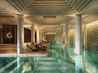 View of swimming pool featuring ornate columns