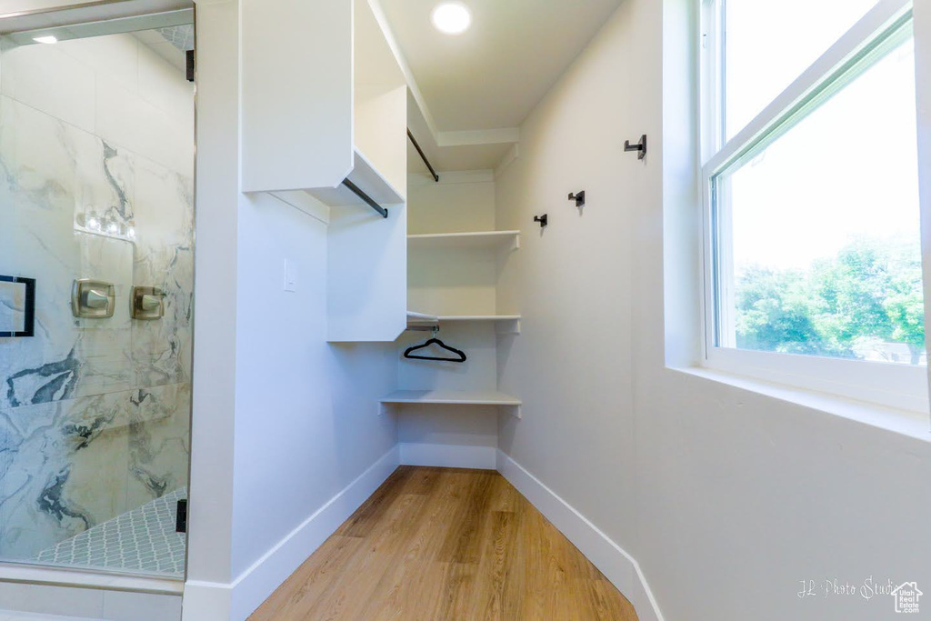 Spacious closet featuring light wood-type flooring