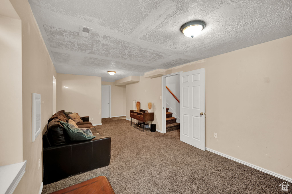 Living room featuring a textured ceiling and carpet floors