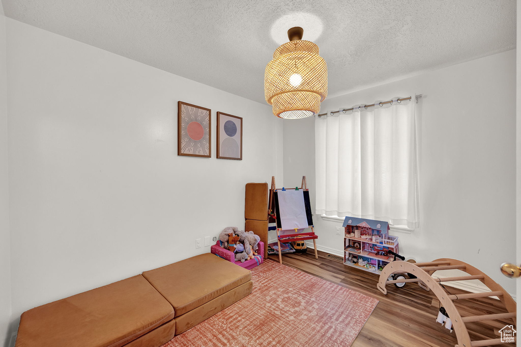 Interior space with a textured ceiling and wood-type flooring