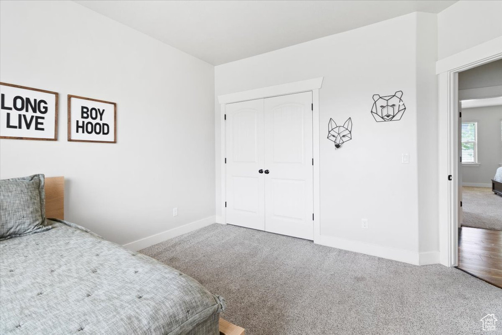 Carpeted bedroom with a closet