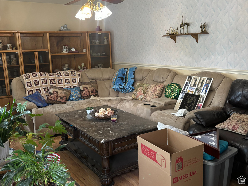 Living room with ceiling fan and hardwood / wood-style floors