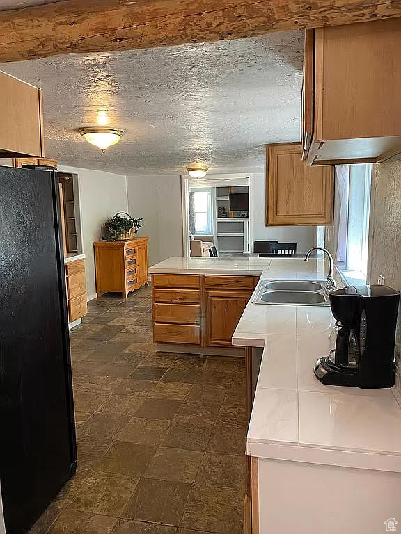 Kitchen featuring a wealth of natural light, black refrigerator, sink, and a textured ceiling