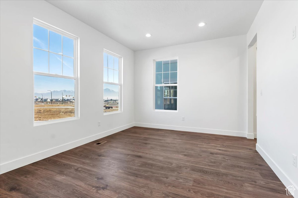 Empty room featuring a mountain view and dark wood-type flooring