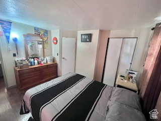 Bedroom with a closet, a textured ceiling, and wood-type flooring