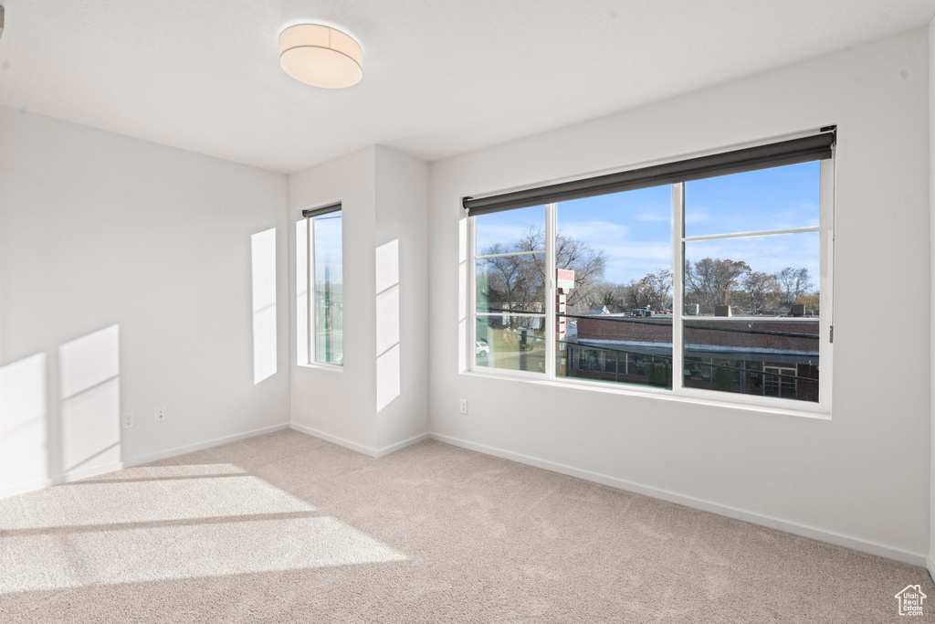 Unfurnished room featuring a healthy amount of sunlight and light colored carpet