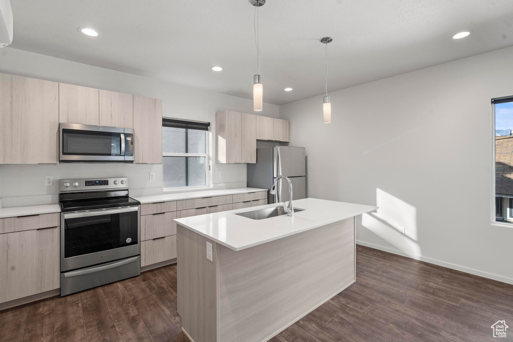 Kitchen featuring dark wood-type flooring, a center island with sink, appliances with stainless steel finishes, sink, and light brown cabinetry