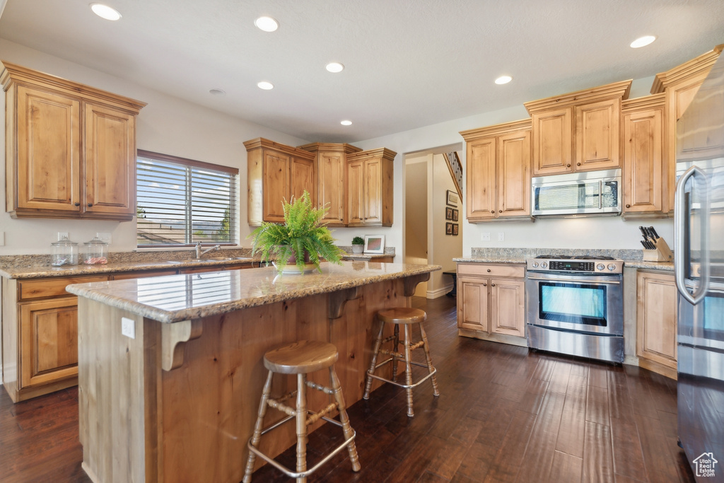 Kitchen with dark wood-type flooring, a kitchen island, stainless steel appliances, light stone counters, and a kitchen bar