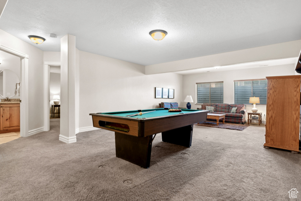 Recreation room with billiards, sink, a textured ceiling, and carpet