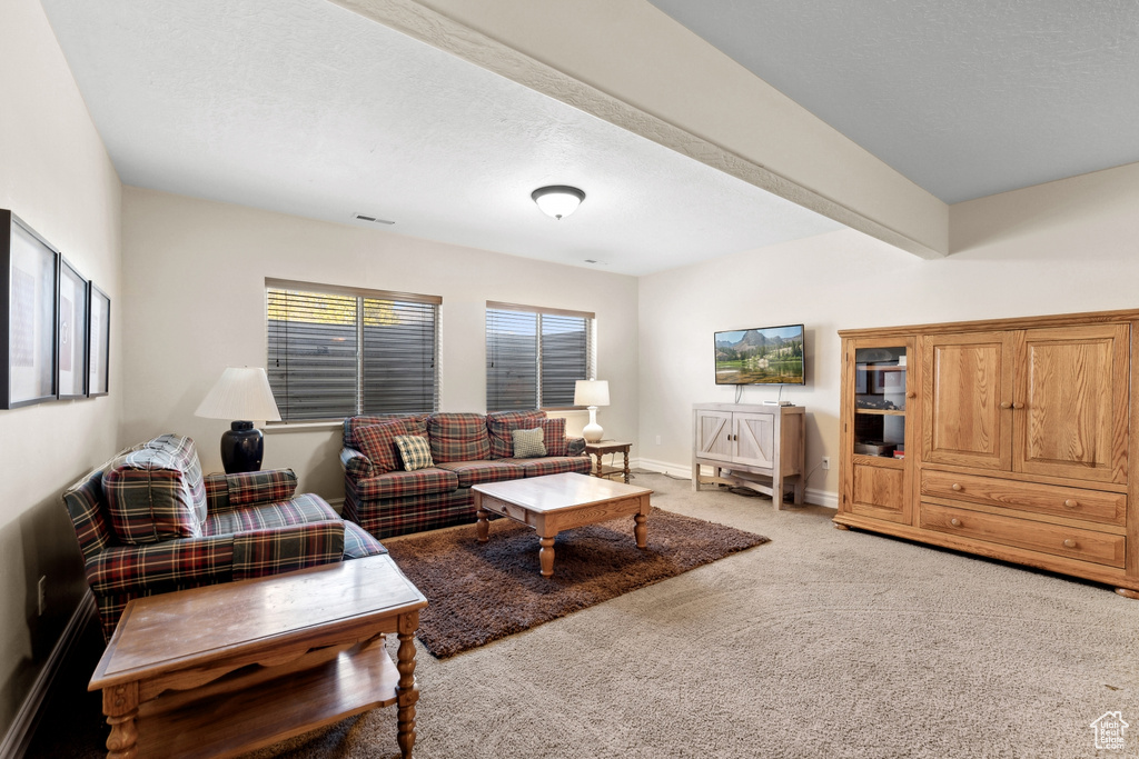 Living room featuring light carpet and beam ceiling