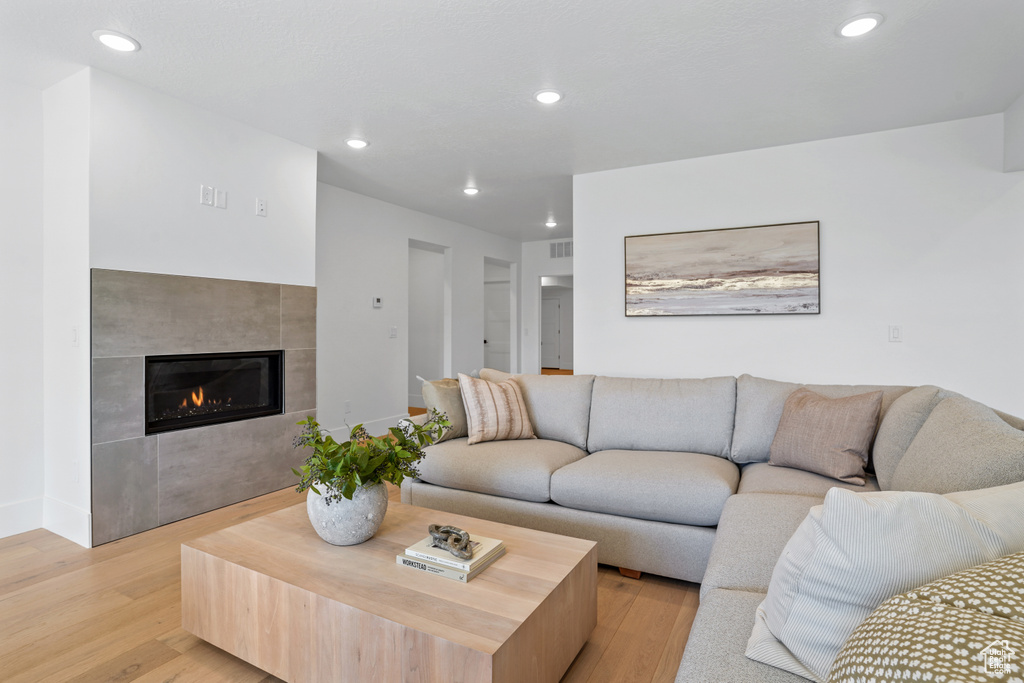 Living room featuring a fireplace and light hardwood / wood-style flooring