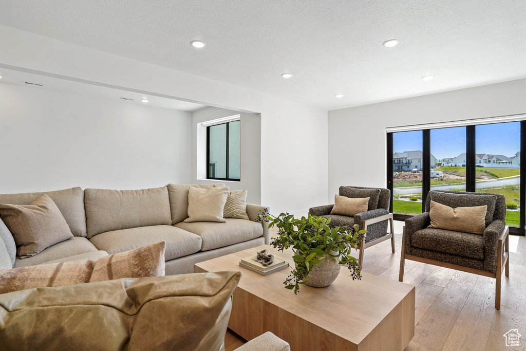 Living room with light wood-type flooring