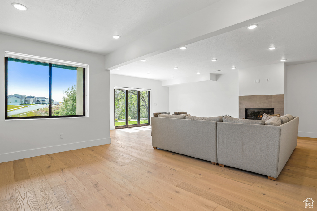 Living room with light hardwood / wood-style flooring and a fireplace